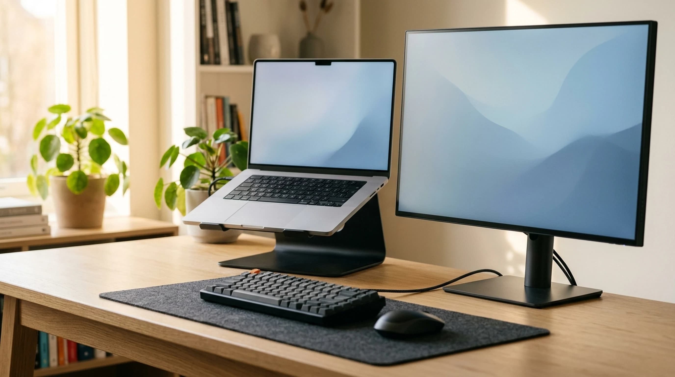 An open laptop raised on a matte-black aluminum riser beside a taller external monitor on a light oak desk, with a compact external keyboard and mouse on a charcoal felt mat in front of them