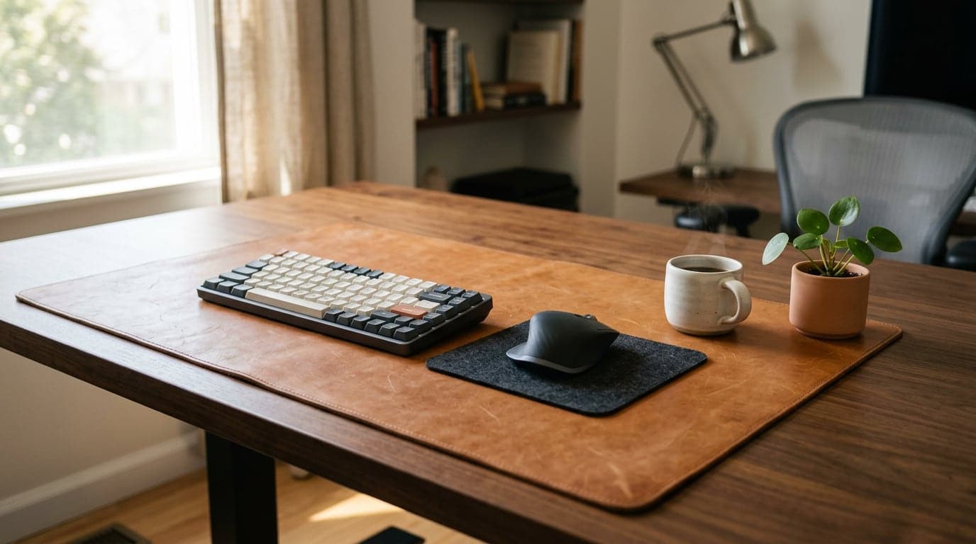 A tan full-grain leather desk pad on a walnut desk under a mechanical keyboard, mouse, and a small plant in a minimalist home office