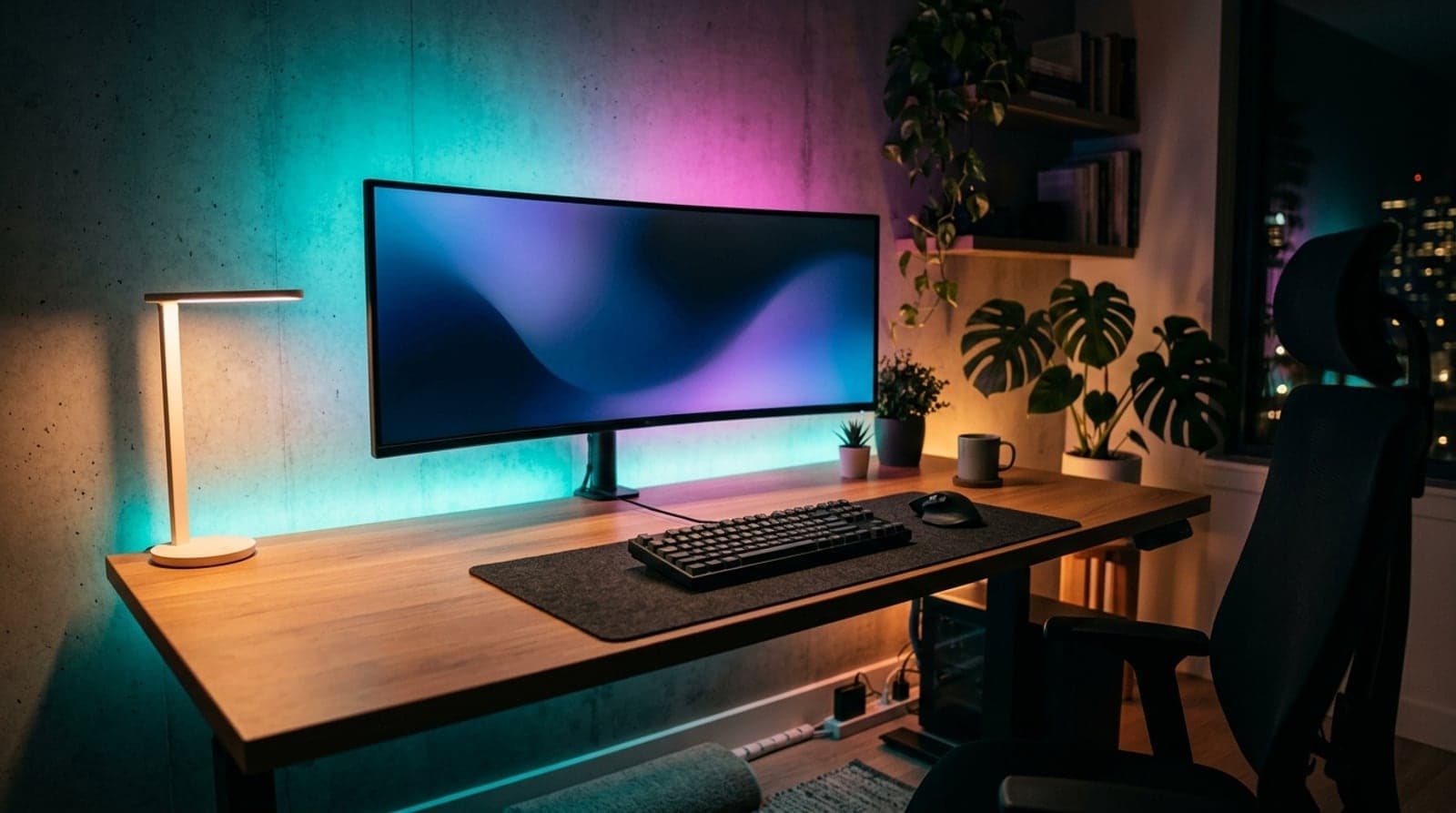 A dark home-office desk setup at night with an RGBIC LED strip casting a colorful gradient glow on the wall behind the monitor and a soft light spilling from under the desk