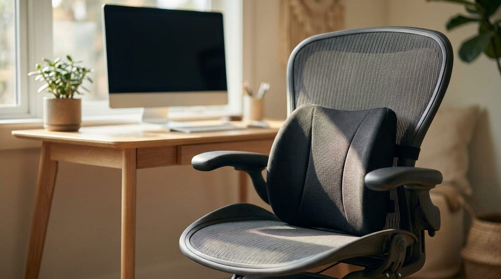 Memory foam lumbar support cushion strapped to an ergonomic office chair in a bright home office