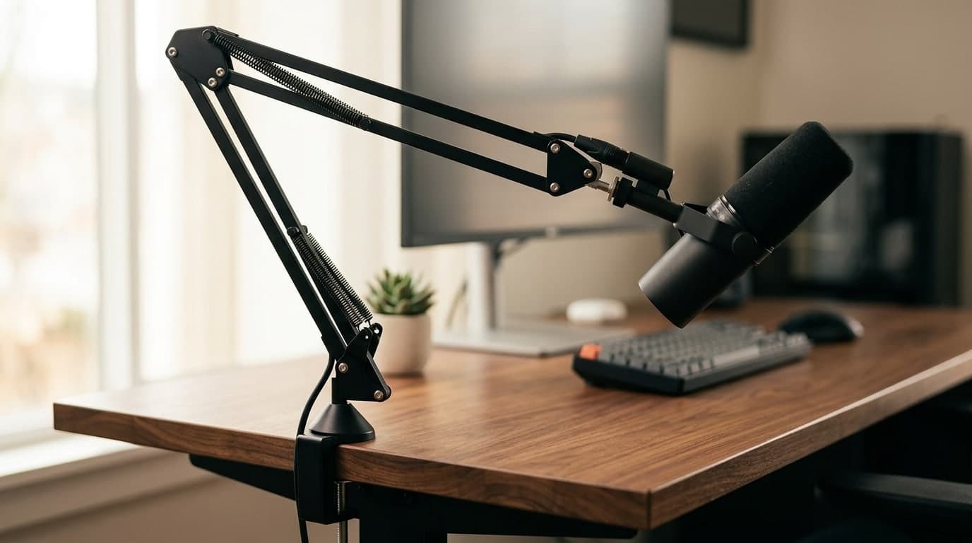 Black parallelogram microphone boom arm clamped to a walnut desk holding a dynamic mic in front of a home-office monitor setup