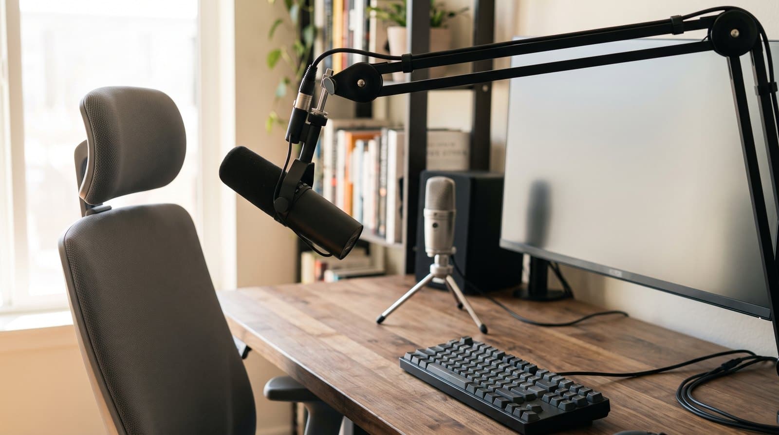 A dark broadcast-style microphone held on a black boom arm at head height directly in front of an empty office chair, with a second microphone set far back across the desk on a small tripod stand beside the monitor, showing the difference in working distance between the two positions