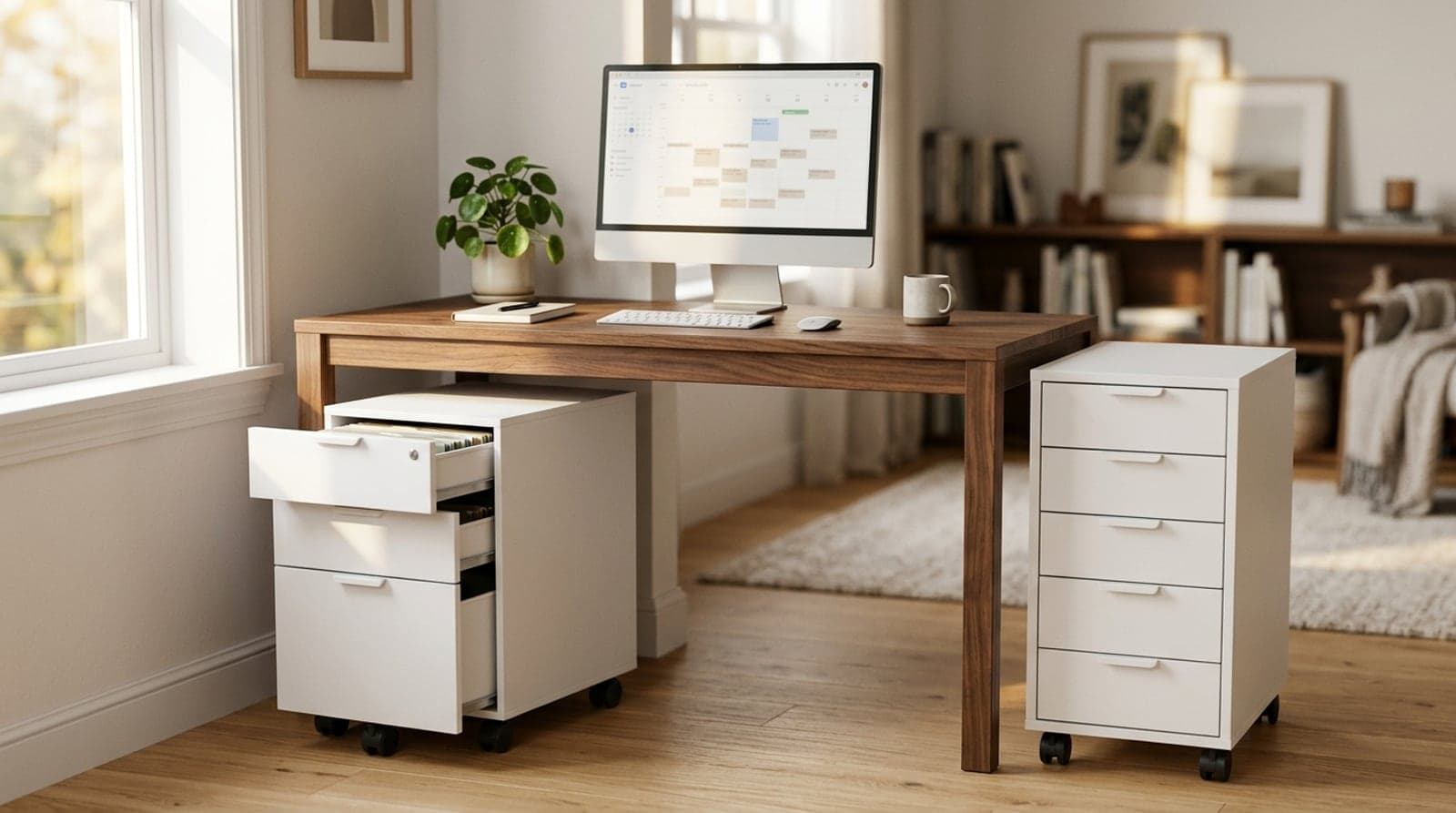 A white locking mobile file cabinet on casters rolled under a walnut desk beside a taller drawer unit in a clean home office