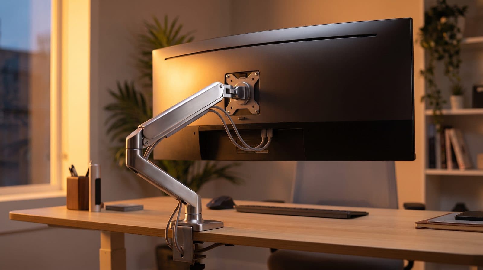 Ultrawide curved monitor mounted on an aluminum monitor arm over a clean desk
