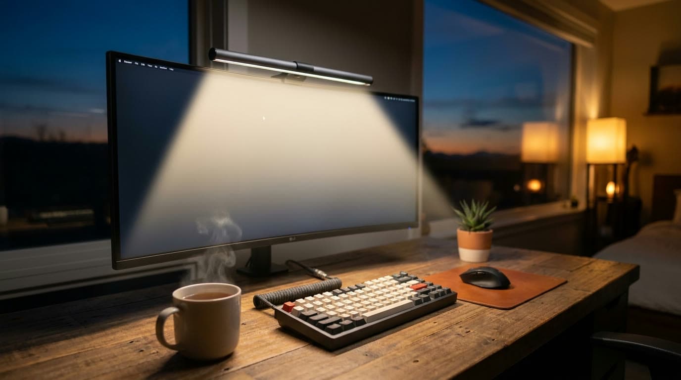 A monitor light bar clipped to the top of a widescreen monitor casting a warm pool of light onto a keyboard and desk in a dim home office at dusk