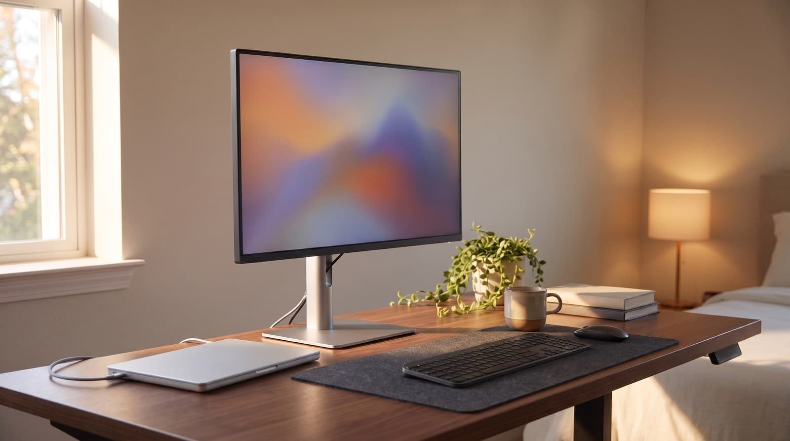 A 27-inch desktop monitor on a height-adjustable stand at the centre of a tidy wooden home-office desk, connected to a closed laptop by a single USB-C cable