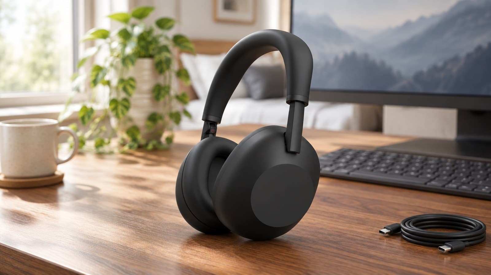 Matte black over-ear noise-cancelling headphones standing upright on a walnut home-office desk, with a monitor, low-profile keyboard, coiled USB-C cable and a mug in soft morning light