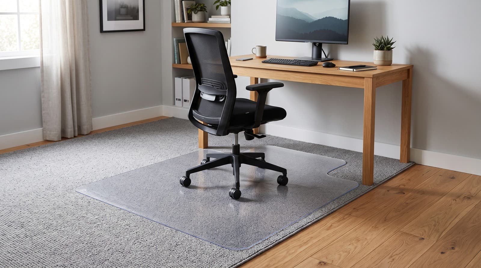 A clear lipped chair mat on grey carpet under a rolling office chair at a home office desk, with hardwood flooring beginning just beyond the carpet's edge