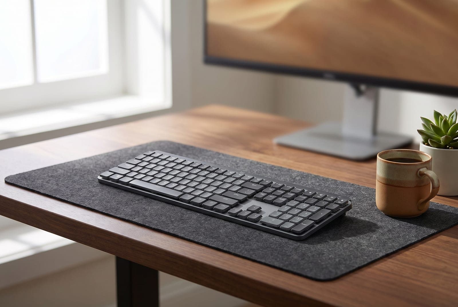 A quiet mechanical keyboard on a tidy home-office desk with a monitor, desk mat, and a mug, lit by soft daylight