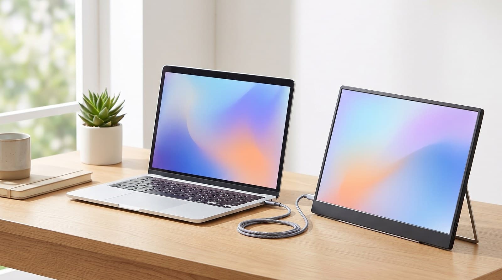 A slim portable monitor standing beside an open laptop on a wooden home-office desk, connected by a single USB-C cable