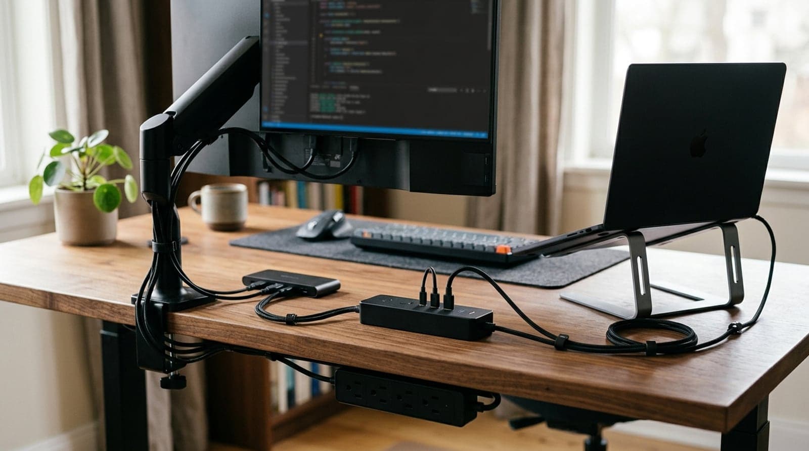 A slim black desktop power strip with USB-C ports feeding a monitor, laptop, and dock on a clean home-office desk, with a second strip clamped under the desk edge