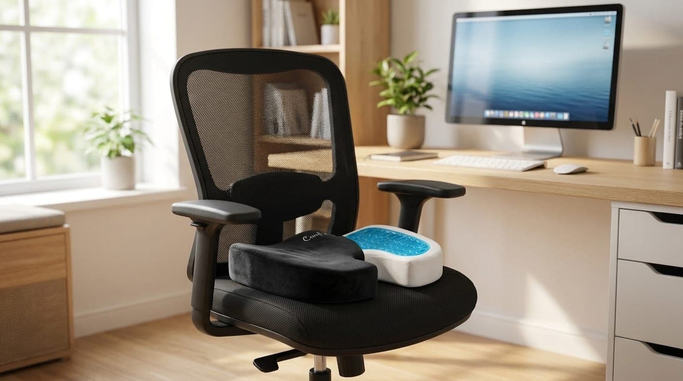 A contoured memory-foam seat cushion on an ergonomic office chair in a bright home office