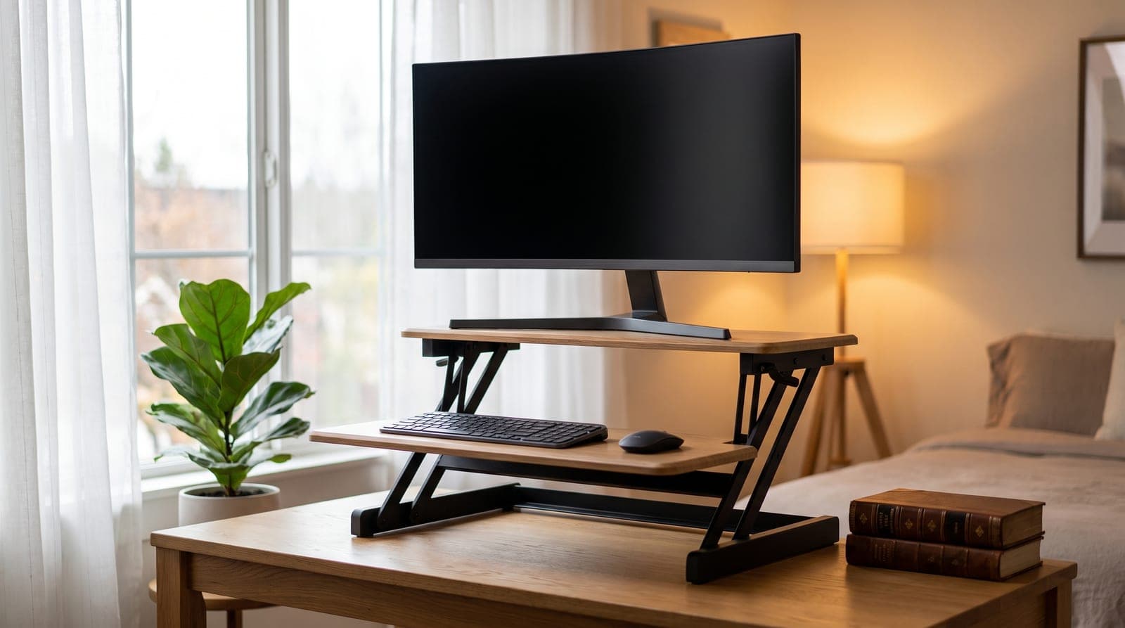 A two-tier standing desk converter raised to standing height on top of a wooden desk, holding a monitor above a keyboard tray in a home office