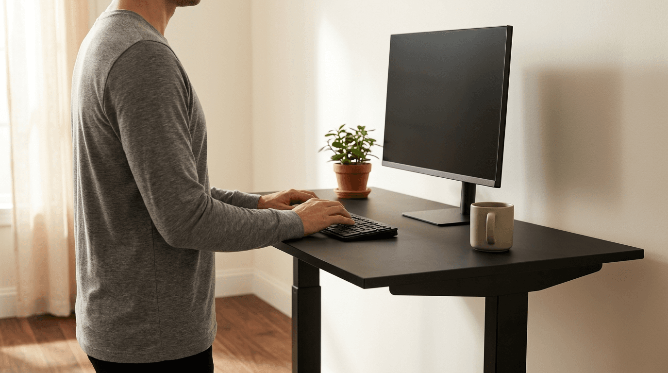 A person standing at a black sit-stand desk raised to standing height in a bright home office, forearms level over a low-profile keyboard, with a monitor behind and the desk's telescoping frame column visible below