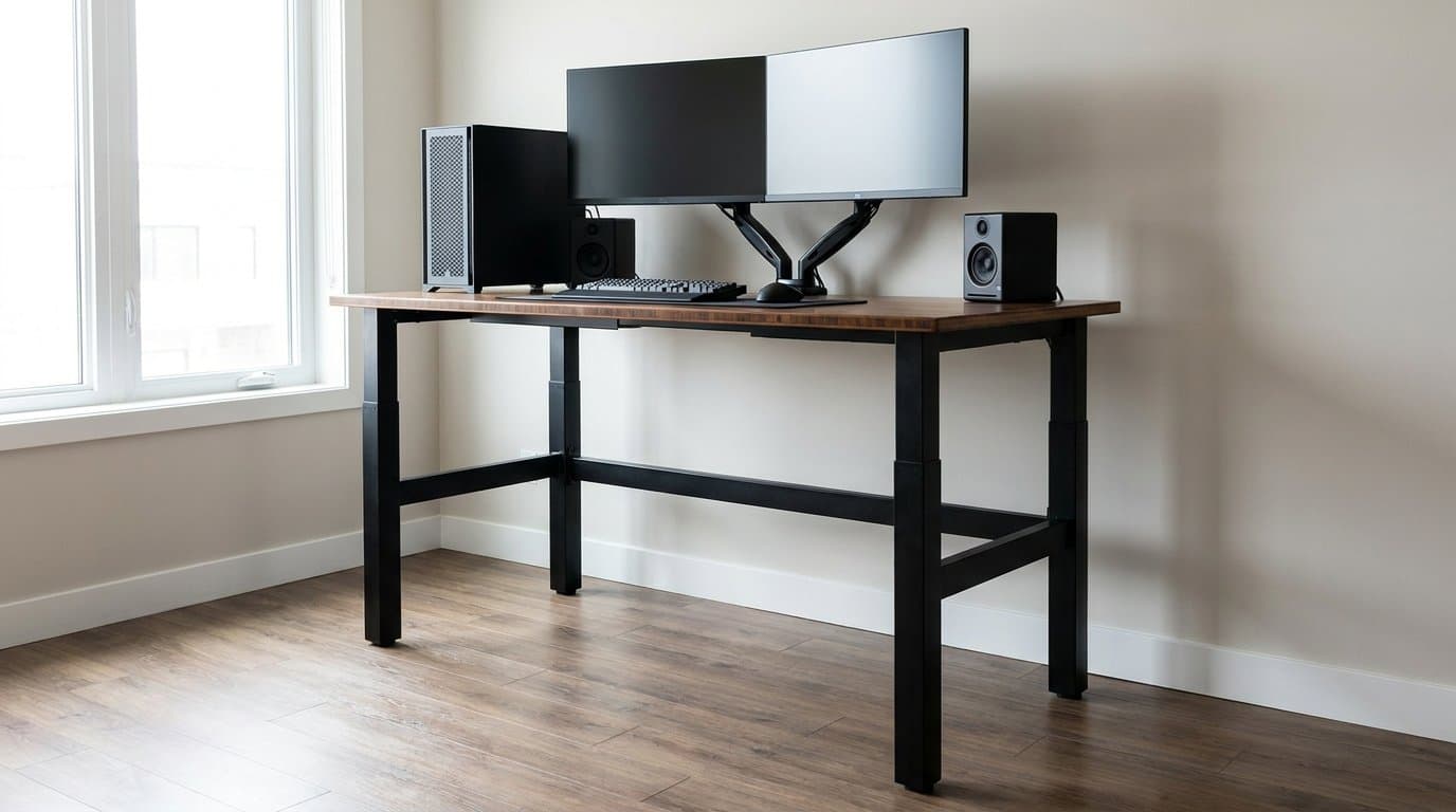 Heavy-duty quad-leg electric standing desk raised to standing height in a home office, holding two large monitors on an arm, a full desktop tower, and speakers with no visible wobble