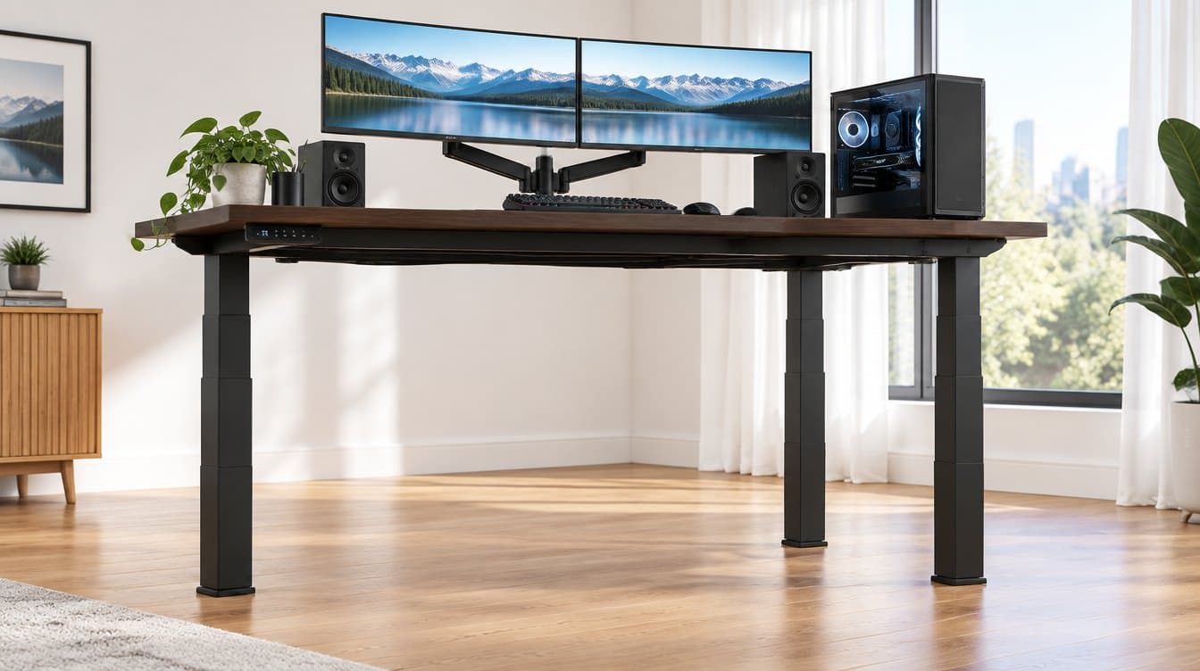 Four-leg electric standing desk raised to standing height in a home office, its four telescoping columns clear of any floor-level bracing, holding two monitors on a dual arm, a full tower and a pair of bookshelf speakers with no visible sag