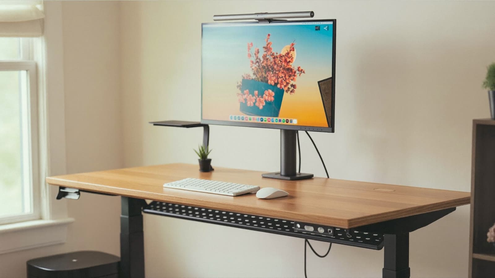 Electric standing desk raised to standing height in a bright home office with a monitor and tidy cable management