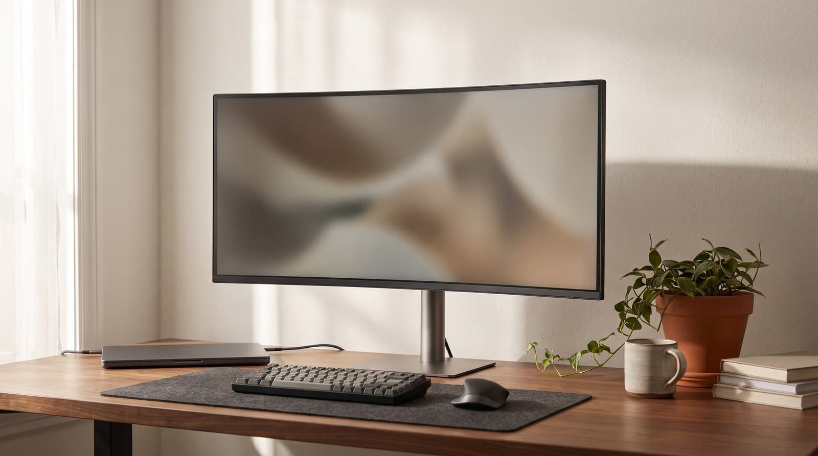 A wide curved 34-inch ultrawide monitor on a height-adjustable stand filling the back of a walnut home-office desk, with a keyboard, mouse and closed laptop in front of it