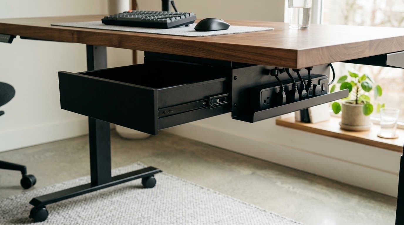 Clean home office desk underside showing a mounted steel drawer and organized cable tray beneath a walnut standing desk