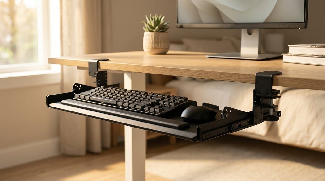 Black clamp-on under-desk keyboard tray slid out beneath a light oak desk in a warm bedroom home office, holding a full-size keyboard, wrist rest and mouse