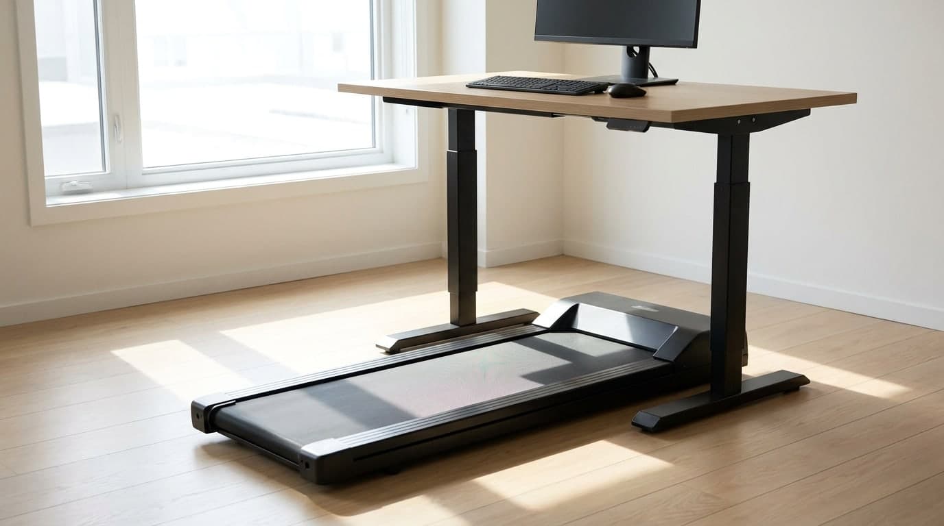 A slim under-desk walking pad running on the floor beneath a raised standing desk in a bright modern home office, positioned where a person would stand at the keyboard