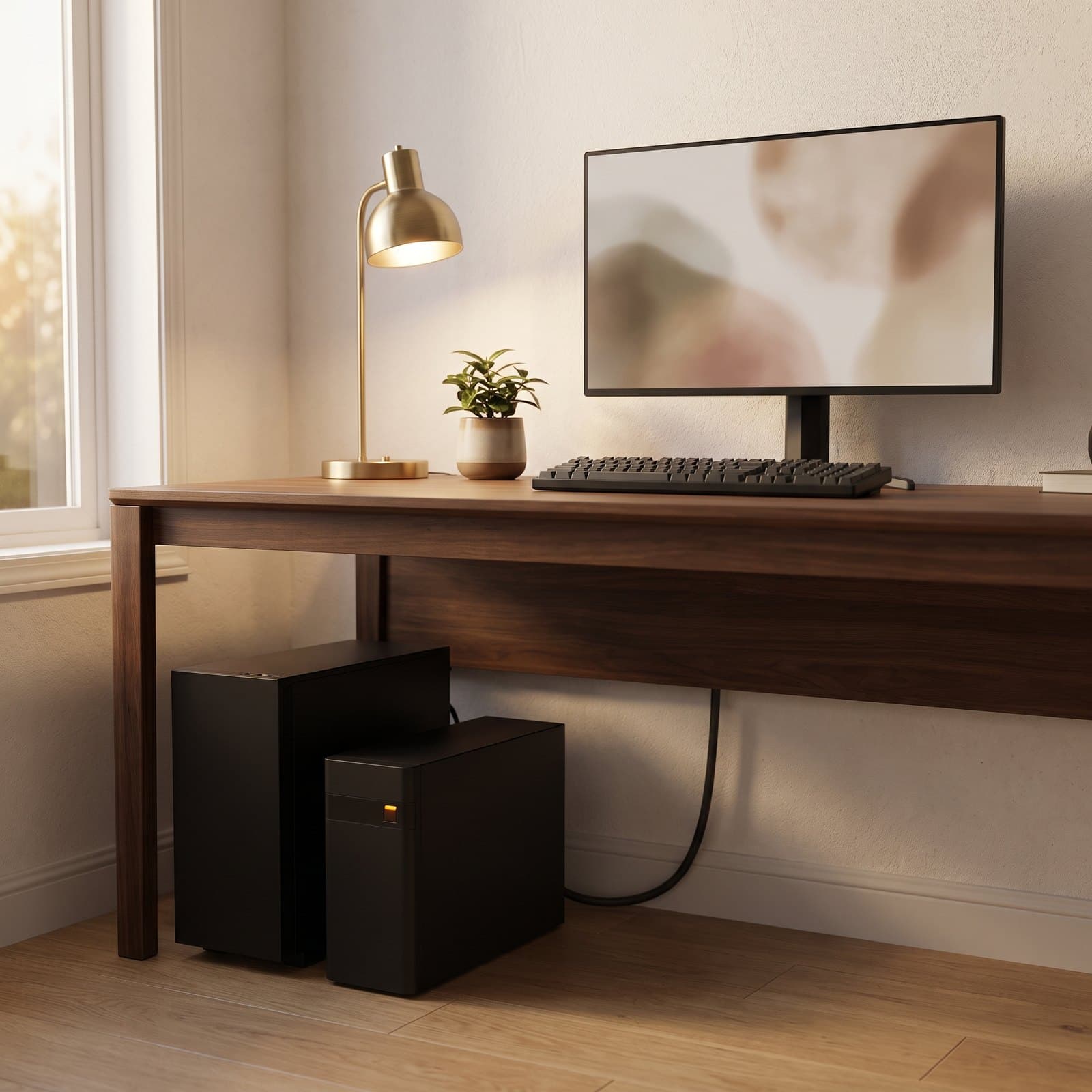 A black tower UPS battery backup standing on the floor under a walnut home-office desk beside a PC tower, with a monitor, keyboard, and lit brass desk lamp on the desktop above