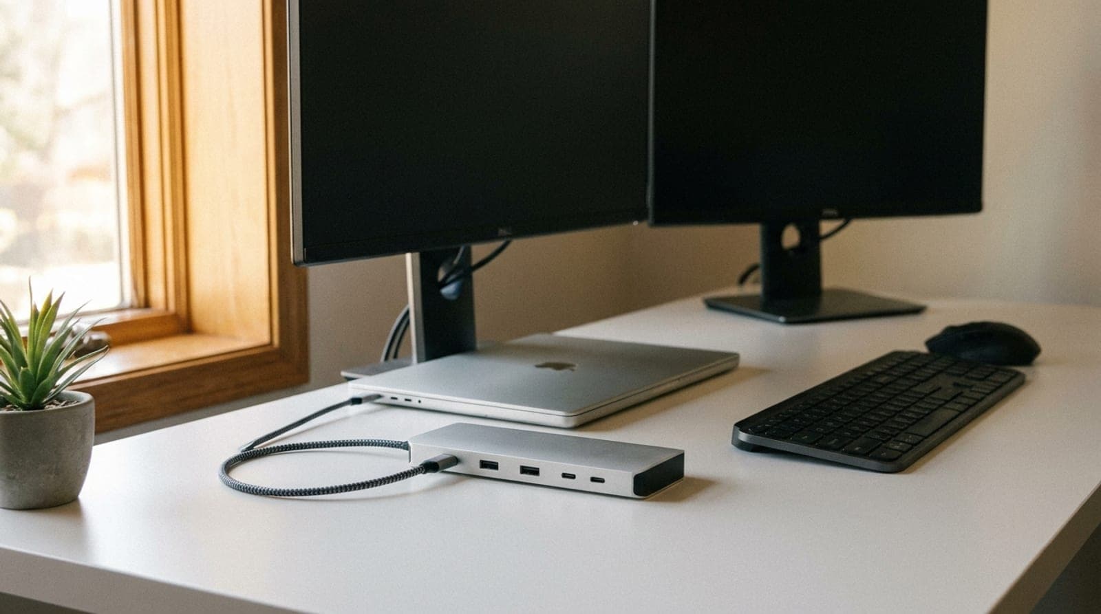 A USB-C docking station on a tidy home-office desk connected to a closed laptop by a single cable, driving two monitors, a keyboard, and a mouse