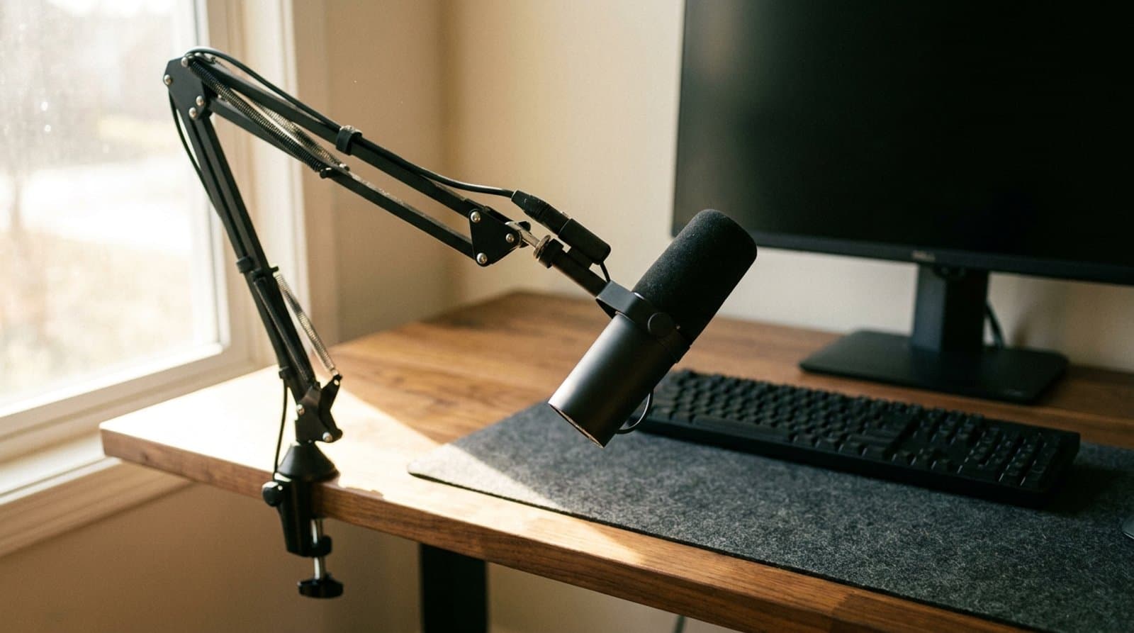 USB cardioid microphone on a boom arm in front of a tidy home-office desk setup