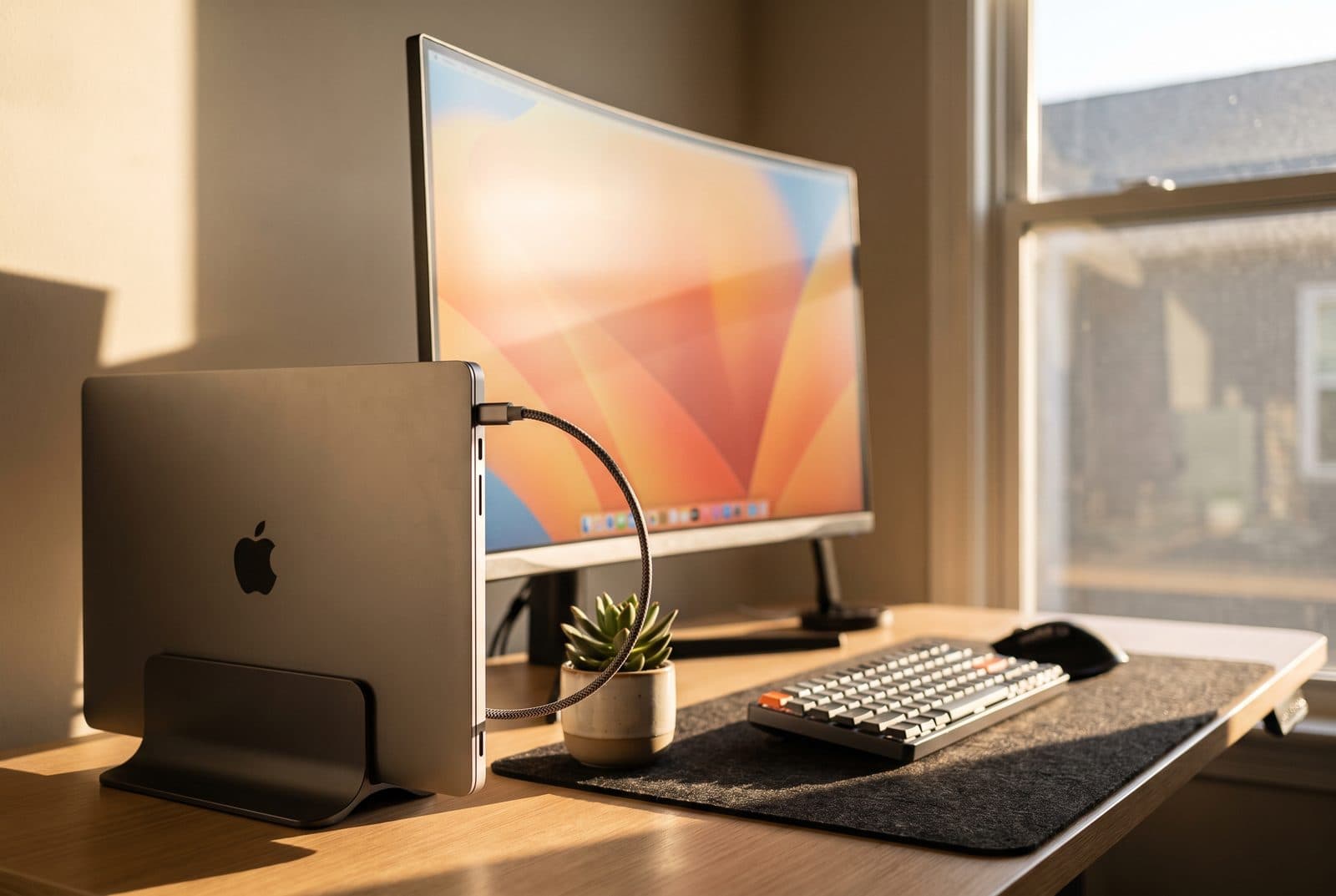 A closed MacBook standing upright in a vertical aluminum laptop stand beside an external monitor and keyboard on a clean home-office desk