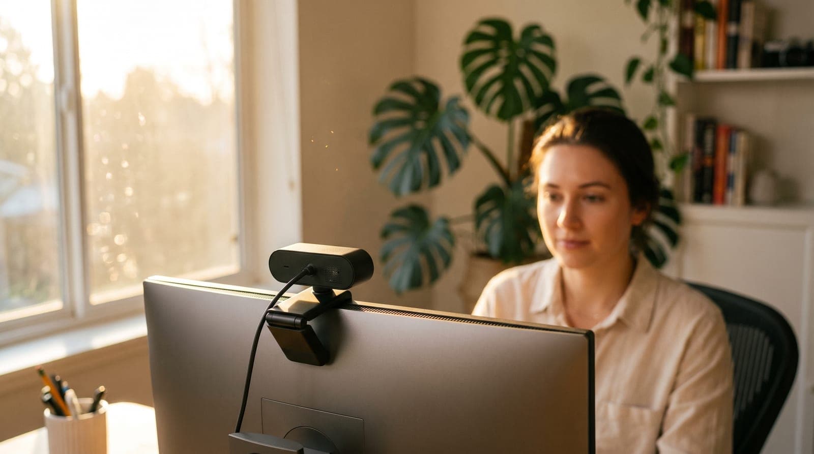 An external webcam clipped to the top of a monitor in a bright home office, framed on a person at a tidy desk during a video call
