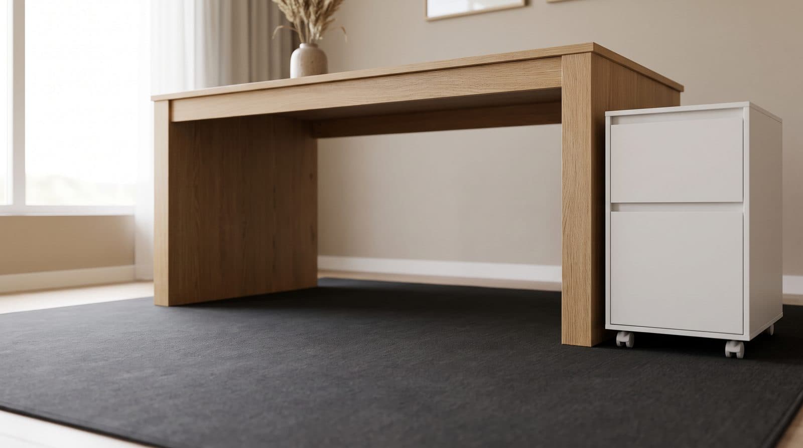 A light oak desk photographed from low down and slightly to the side, showing the space beneath the desktop left completely clear, with a slim white two-drawer pedestal on casters standing at the far end of the desk rather than under it