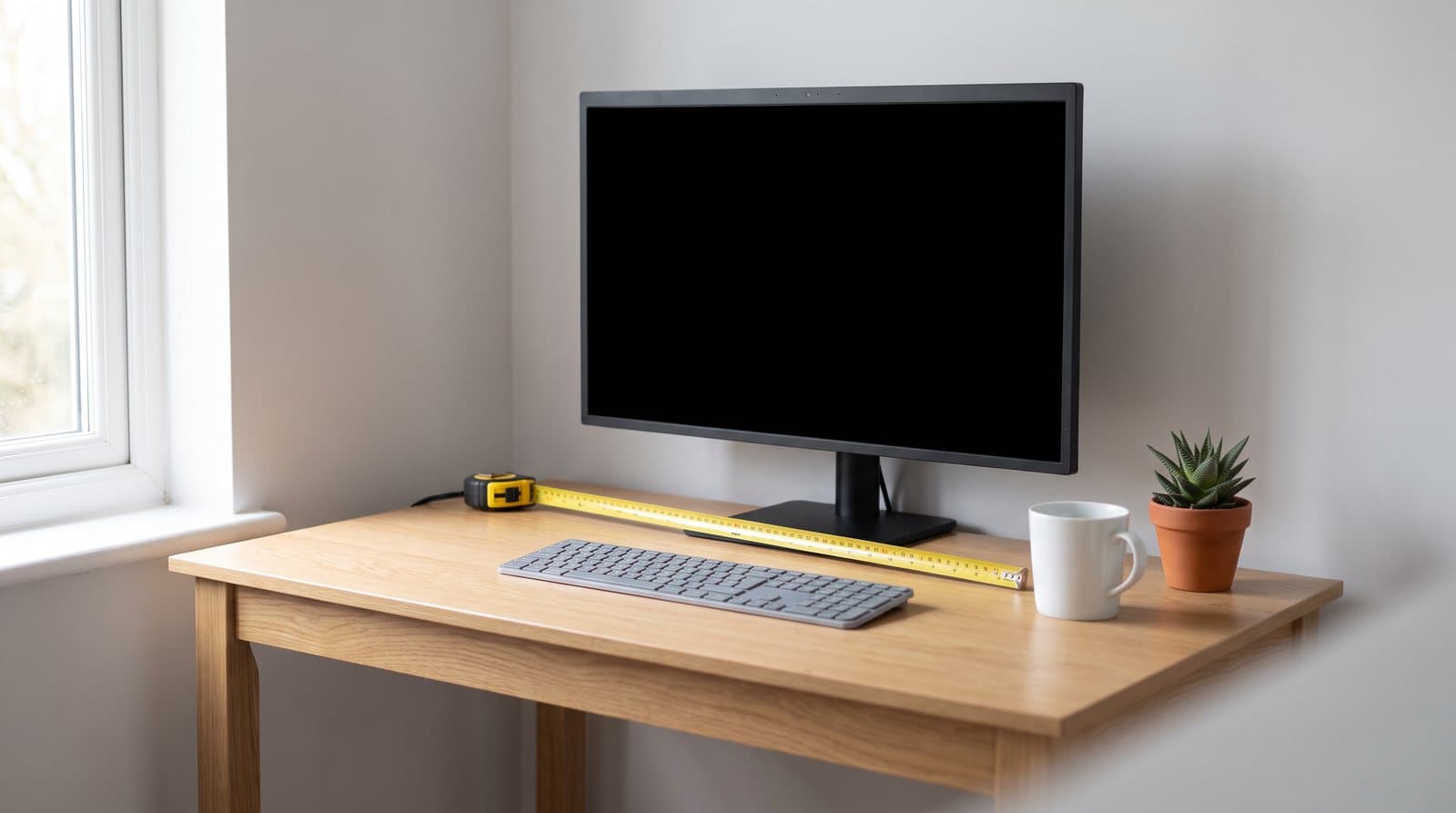 A black widescreen monitor on its factory stand pushed to the back of a light oak home-office desk beside a window, with a yellow steel tape measure extended left to right across the desktop in front of the screen and a grey keyboard, white mug and small potted plant on the desk