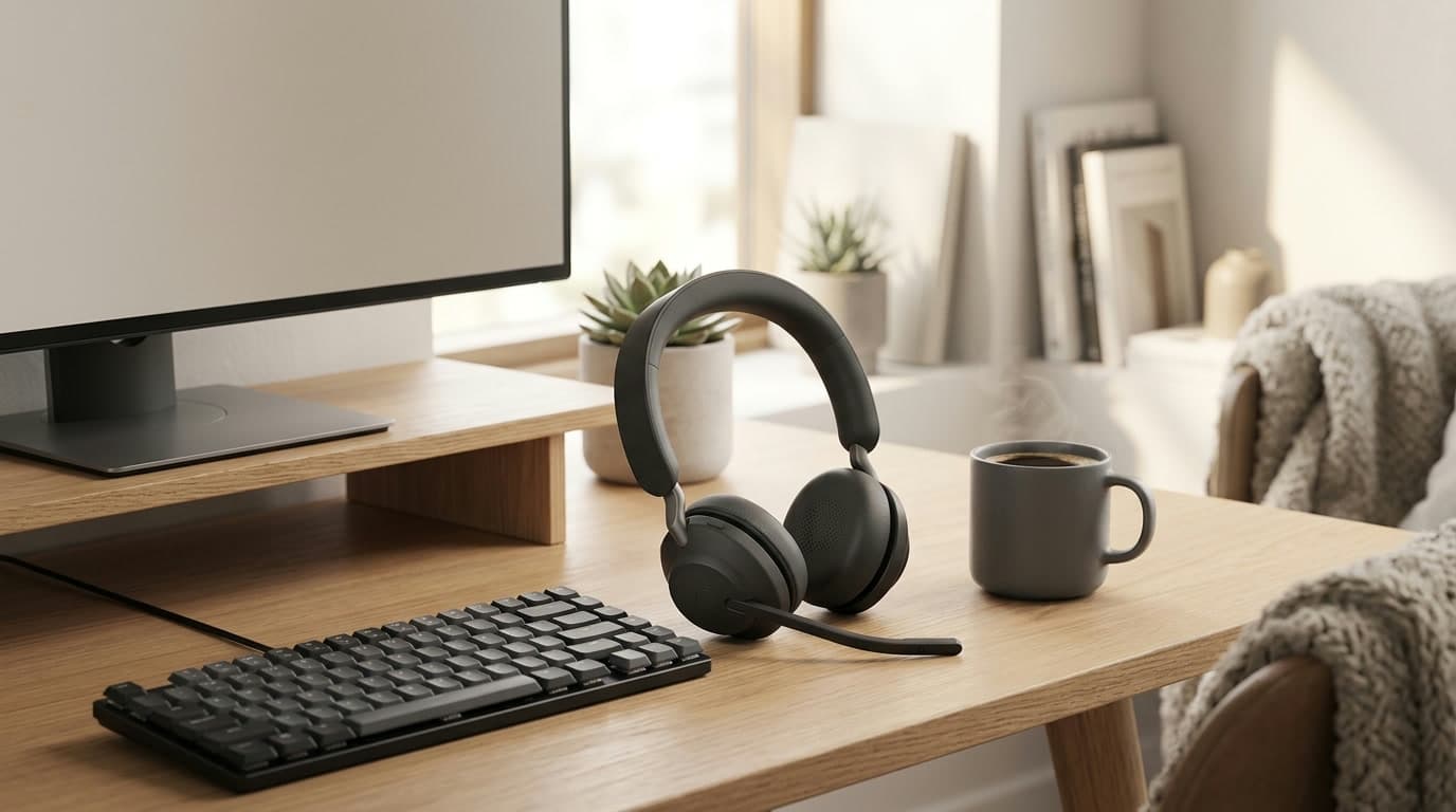 A wireless office headset with a boom microphone resting on a tidy home-office desk beside a monitor, keyboard, and coffee, lit by soft daylight