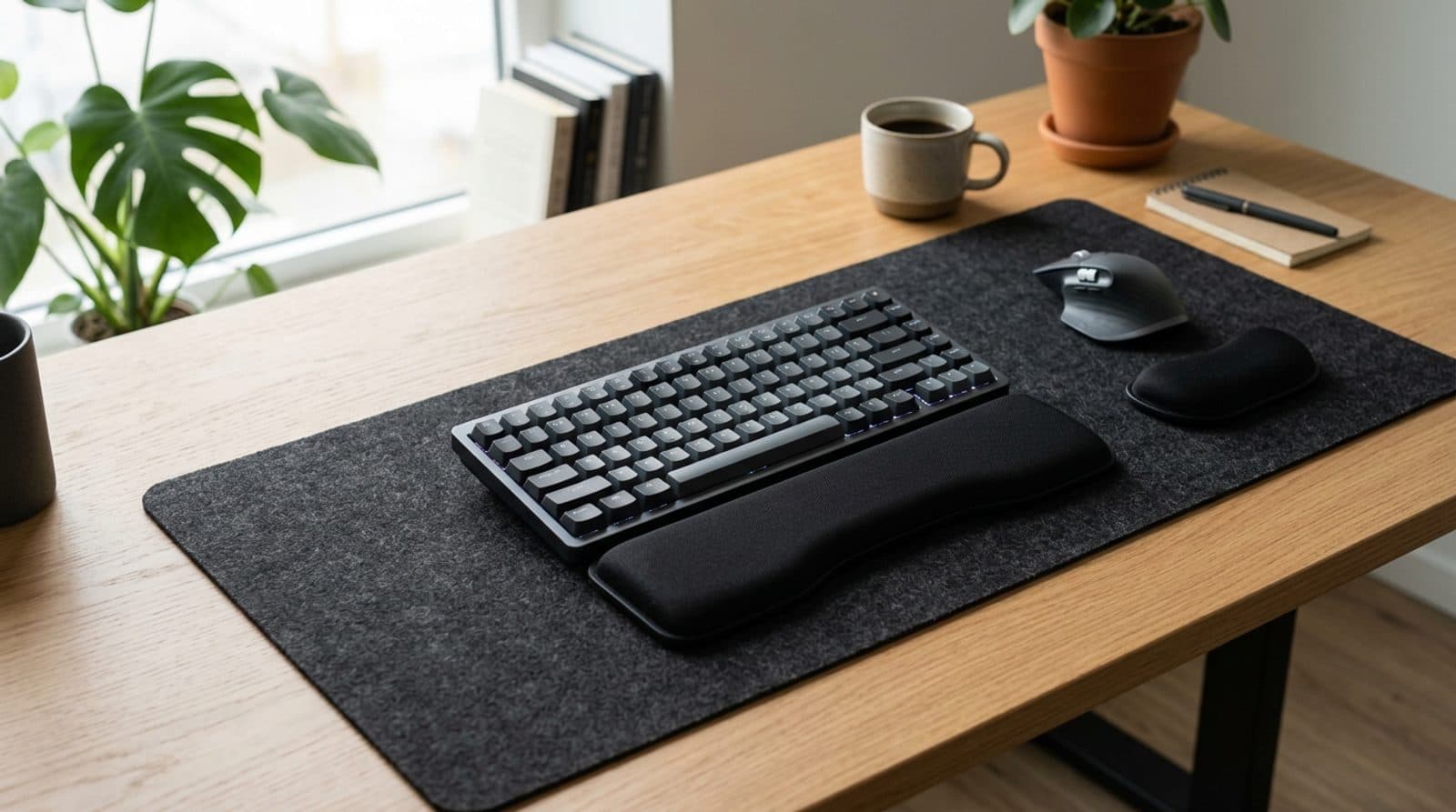 A padded keyboard wrist rest and a separate mouse wrist rest laid out in front of a mechanical keyboard and mouse on a clean modern home-office desk