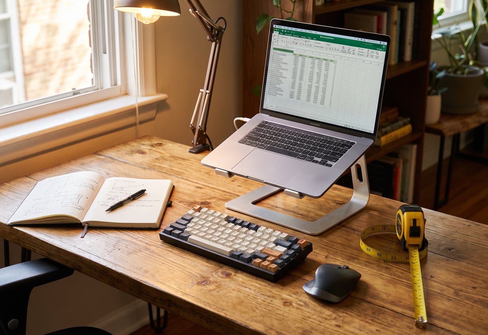 A full desk setup with a laptop on a stand, mechanical keyboard, and a handwritten research notebook and tape measure nearby