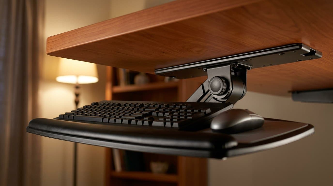 3M AKT60LE black keyboard tray with full-width gel wrist rest and its mouse pad clipped to the right-hand end, mounted on a track screwed beneath a cherry-wood desk