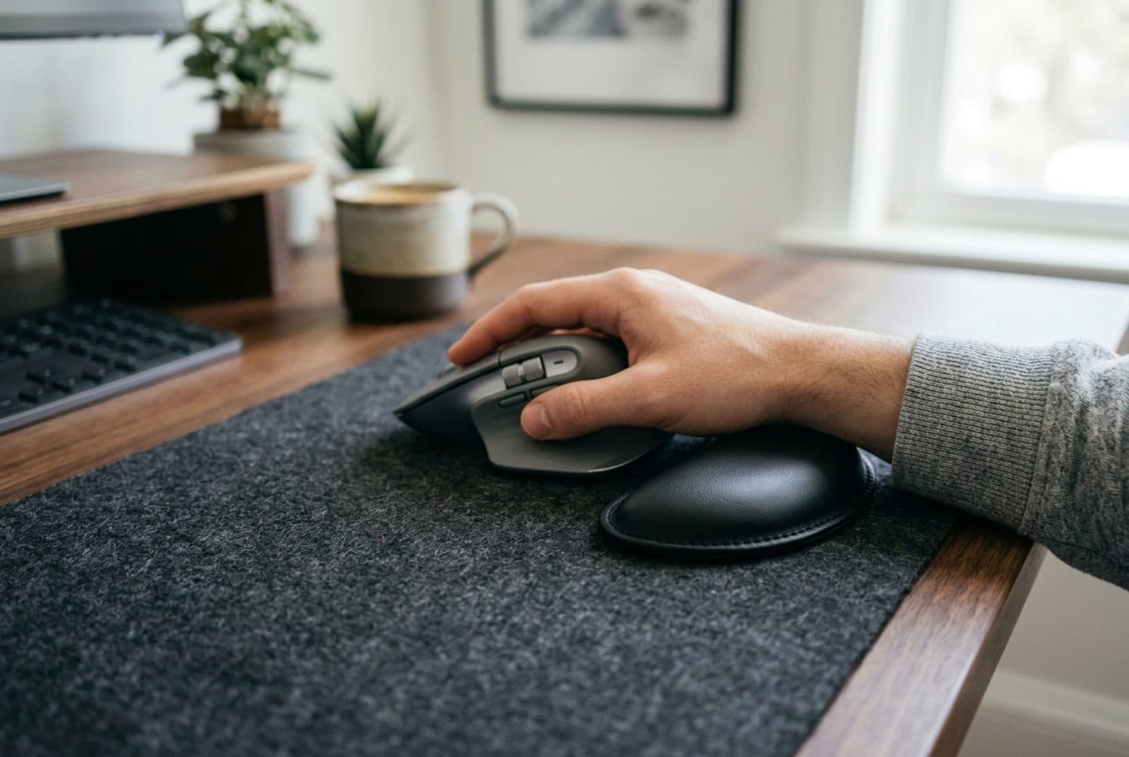 3M gel wrist rest for a mouse, a small black compact gel pad with a leatherette cover, positioned beside a mouse on a desk mat
