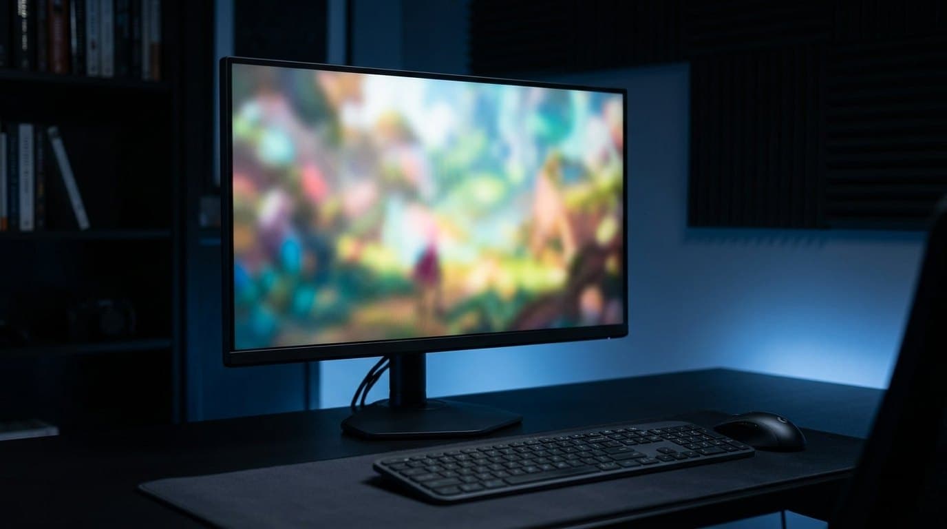 A 27-inch flat black gaming monitor with very thin bezels on a slim cylindrical column and flat angular black base, on a dark desk with a black keyboard and mouse on a cloth mat in front and cool blue light on the wall behind