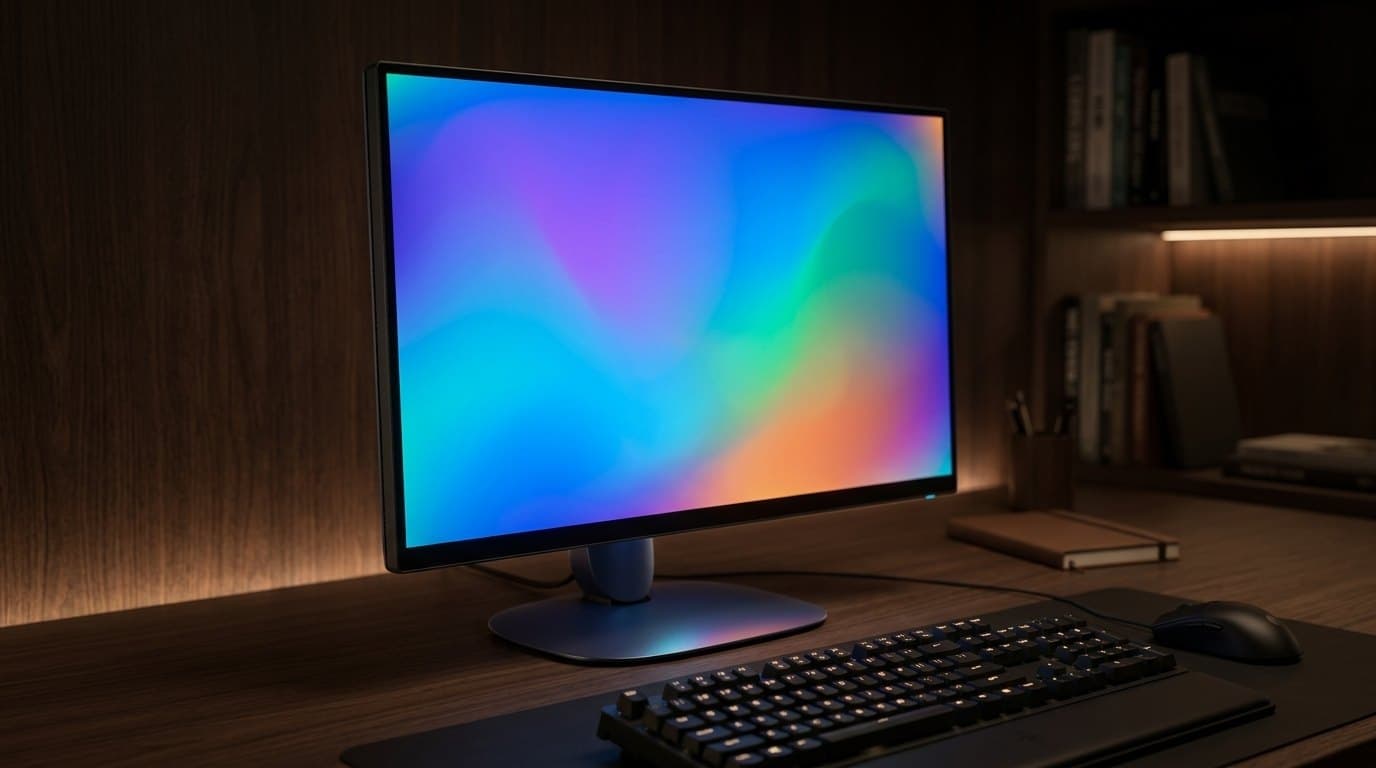 A 27-inch flat gaming monitor with a bright colourful screen, thin bezels and a rounded capsule-shaped stand column on an oval base, on a dark walnut desk with a backlit keyboard and mouse in a dimly lit room