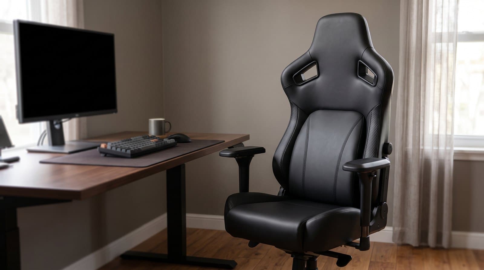 A large black gaming chair with a tall winged backrest, integrated lumbar bolster and thick 6D armrests, standing on a hardwood floor beside a wide desk in a bedroom home office