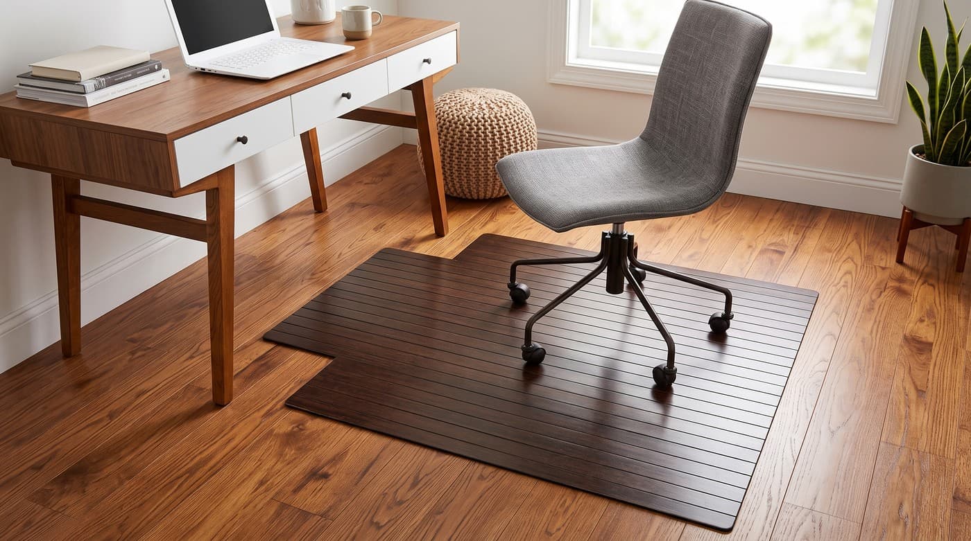 Dark cherry bamboo slat roll-up chair mat with a lipped tongue reaching under a desk, sitting on a hardwood floor beneath a rolling desk chair in a warm home office