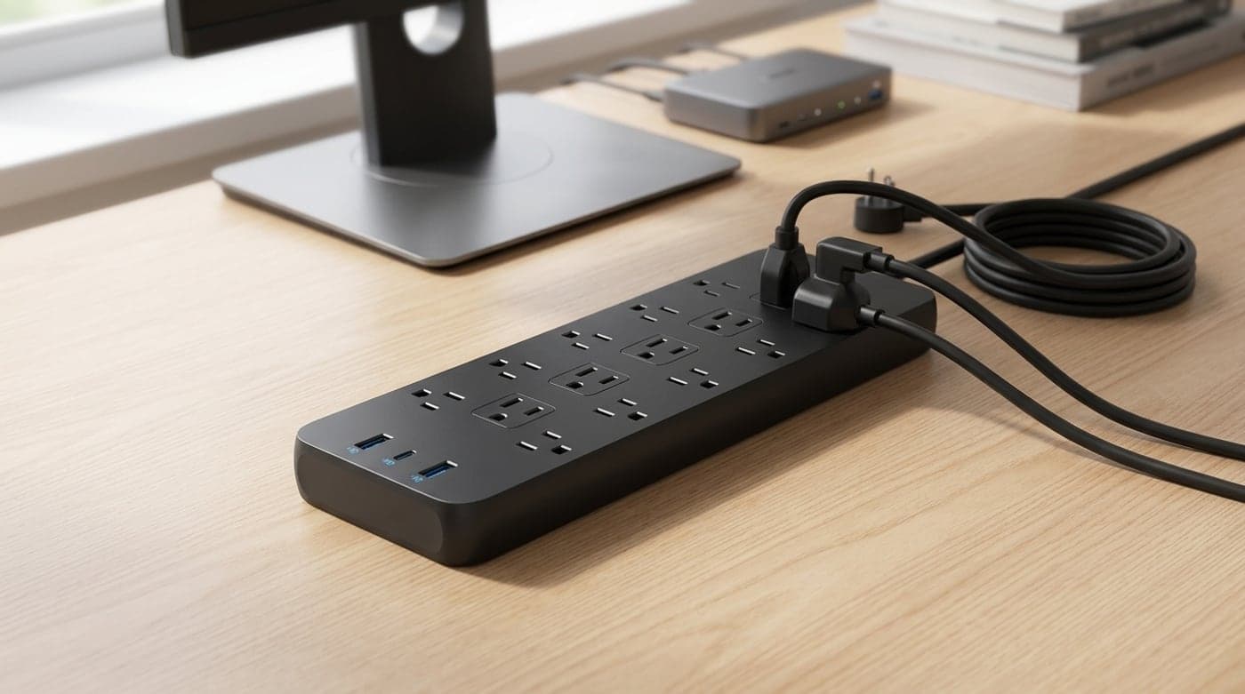 Anker 351 black 12-outlet power strip with two USB-A and one USB-C port, lying flat on a desk with a monitor and dock plugged in