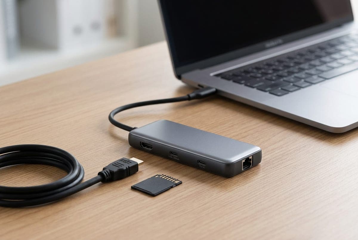 Slim Anker 555 8-in-1 USB-C hub resting on a desk beside a laptop, a short captive cable plugged into the laptop's side