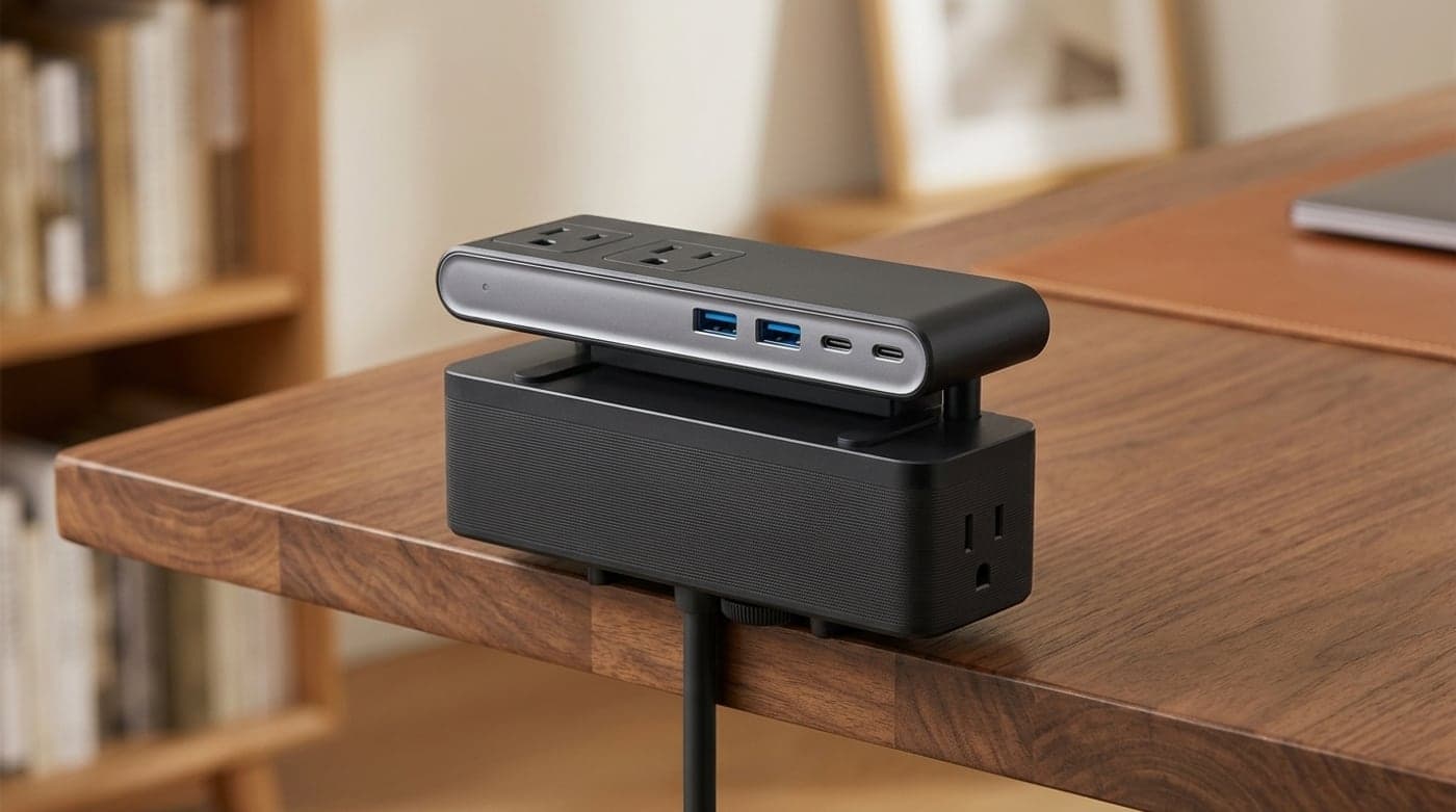Anker Nano power strip clamped to the front edge of a desk with AC outlets and USB-C ports facing forward, keeping the desktop clear of cables