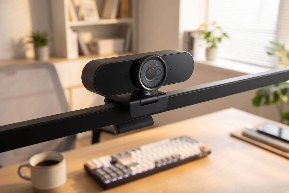 Anker PowerConf C300 webcam mounted on a monitor in a home office, its wide lens angled toward a person at the desk