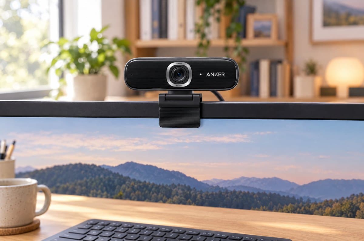 Anker PowerConf C300 webcam clipped to a monitor bezel in a home office, its flat ribbed black bar and chrome-ringed lens facing the seat