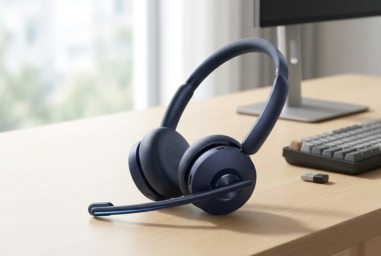 Anker PowerConf H700 on-ear wireless headset in dark blue with its boom microphone down, on a home-office desk