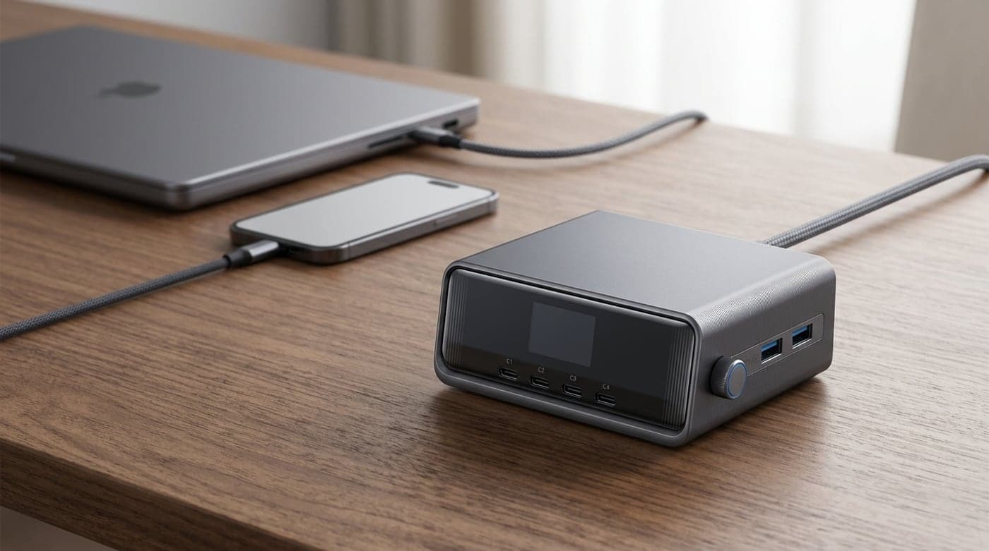 Anker Prime 250W GaN charging station, a compact block with a small LCD display and six USB ports, charging a laptop and phone on a desk