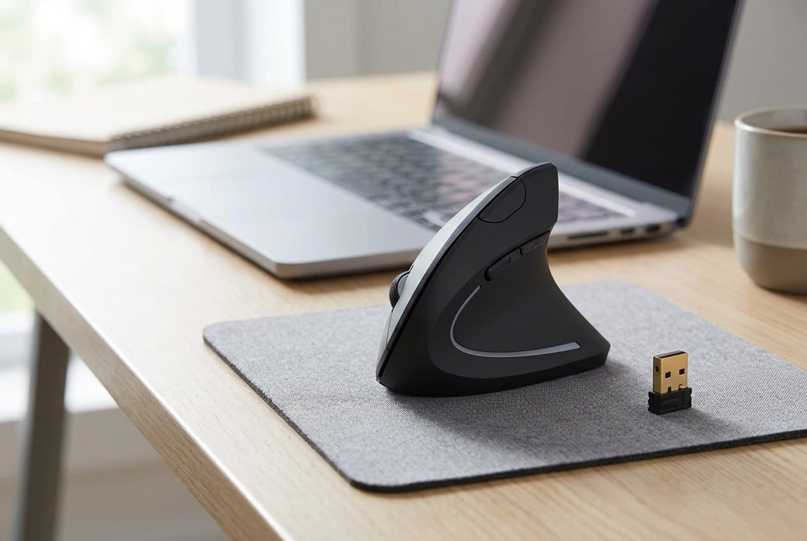 Anker 2.4G wireless vertical ergonomic mouse in matte black on a simple desk with its USB receiver, angled in the upright handshake position