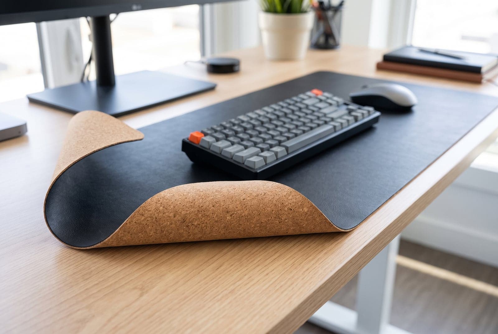 Reversible Aothia desk pad showing a natural cork side and a black PU leather side on a desk with a keyboard